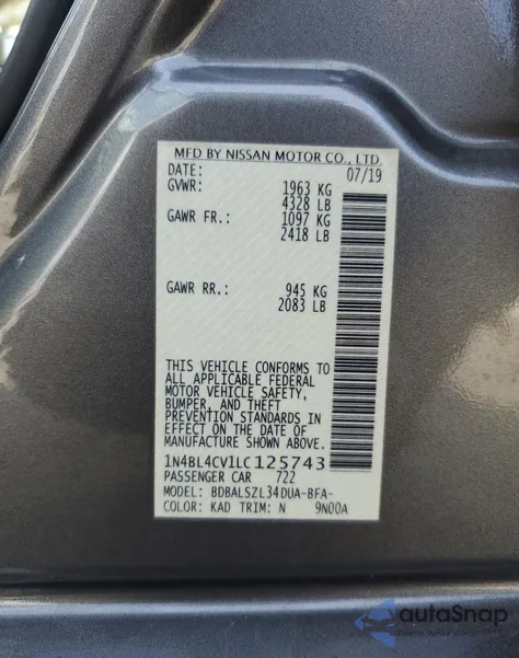 2020 Nissan Altima Sr из США, поврежденный, VIN 1N4BL4CV1LC125743